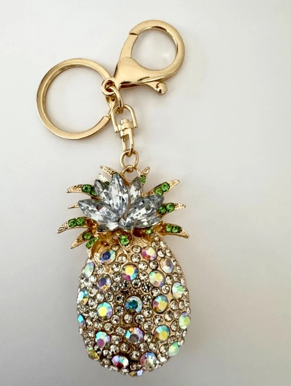 Gold Crystal Pineapple Rhinestone Bag Charm Keychain w/Lt Blue & Green Accents